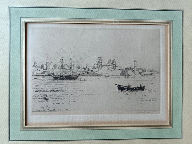 Gravure Quai de la Tourette Marseille ignée d'Eugène BEJOT (1867-1931)