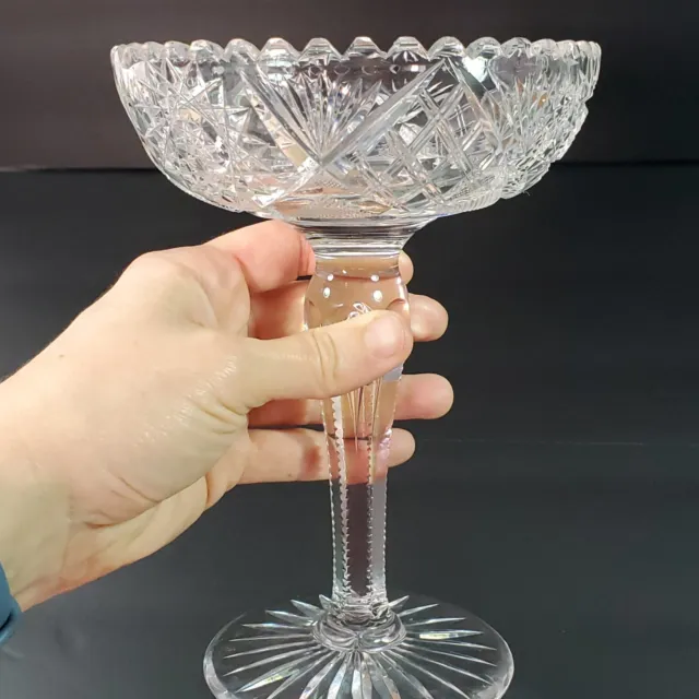 American Brilliant Period Cut Glass Compote Candy Dish 7” Tall Pinwheel Diamonds