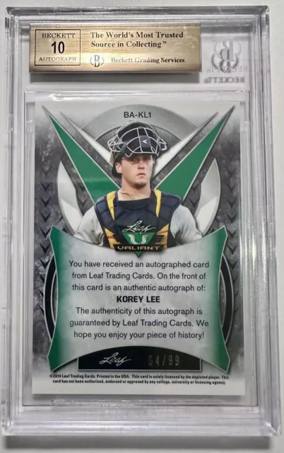 Leaf Valiant Draft 2019 Korey Lee verde prismático radiocontrol automático/99 White Sox BGS 9,5 3