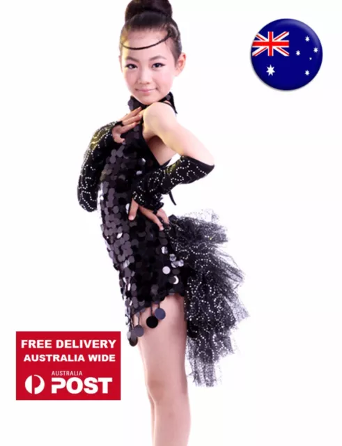 Girl Child Kids Ballet Dance Latin Jazz Tutu Costume Party black sequins Dress