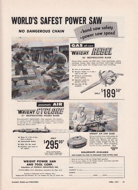 1957 Wright Power Saw & Tool Corp Louisville KY Ad Wright Rebel & Wright Cyclone