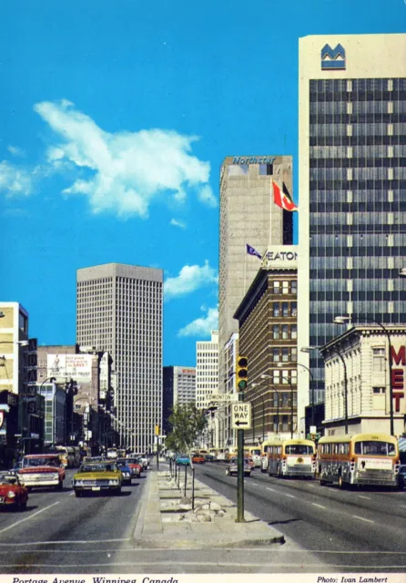 Vintage Continental Size Postcard Portage Avenue Winnipeg Canada Street Scene