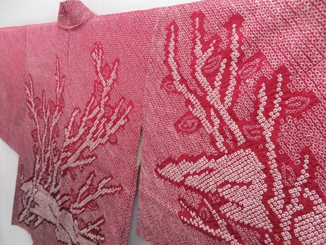 2401T02z390 Vintage Japanese Kimono Silk SHIBORI HAORI Tree Dark red 2