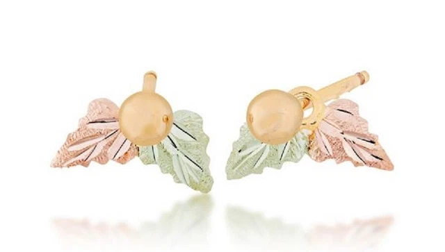 12k Black Hills Gold Small Ball Stud Earrings with Leaf Jackets in 10K Yellow