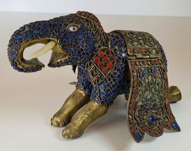 Collier Long Style Tibétain Avec Grand éléphant En Verre Coloré - Bleu Marine - Alliage - Neuf Sans Emballage