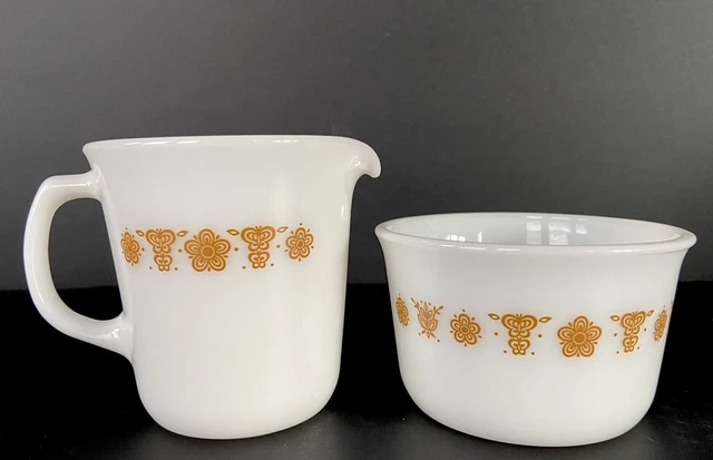 Pyrex Corning Butterfly Gold Cream and Sugar Bowl Set Vintage Milk Glass