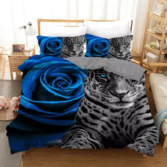 Leopard Romantic Rose Blue Quilt/Duvet/Doona Cover Set