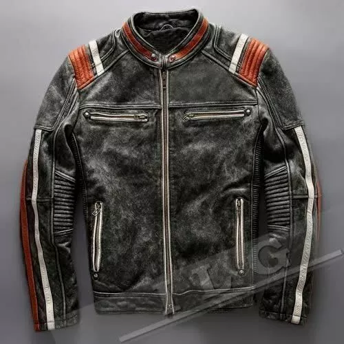 Men's Retro Moto Distressed Vintage Motorcycle Cafe Racer Biker Leather Jacket