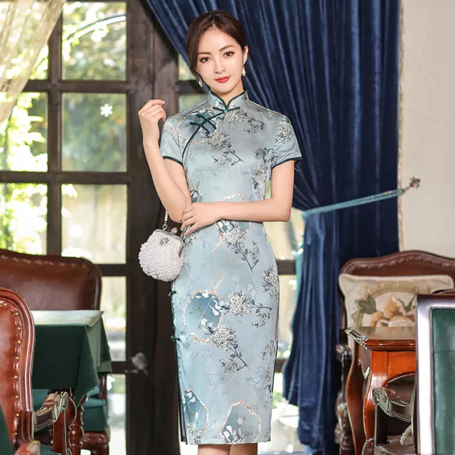 Luxurious Red Satin Dragon Phoenix Chinese Long Dress Cheongsam Qipao  lcdress54