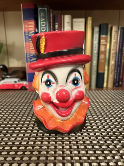 Vintage Clown Head Coin Bank Plastic Hong Kong Tall with Stopper