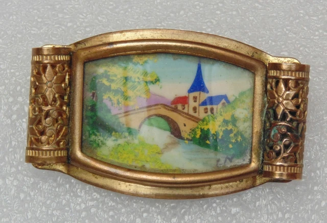 Broche Argentée Avec Miniature Peinte Signée F. L - Bijou Vintage Occasion - Fabriqué En France