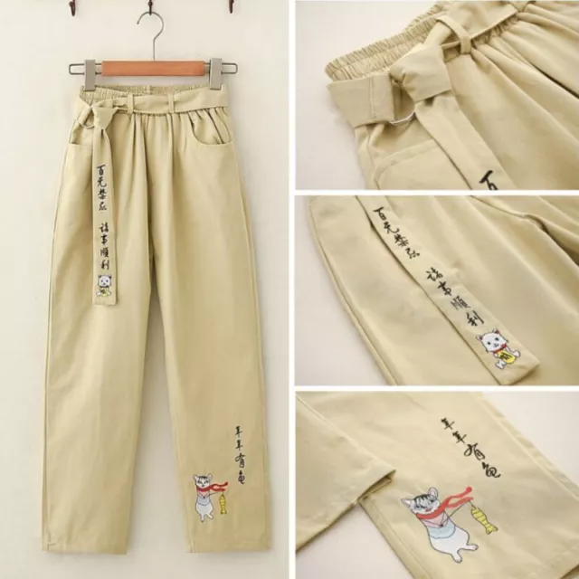 Femmes Filles Pantalon Japonais Imprimé Chat Droit Jambe Travail Preppie Style 3