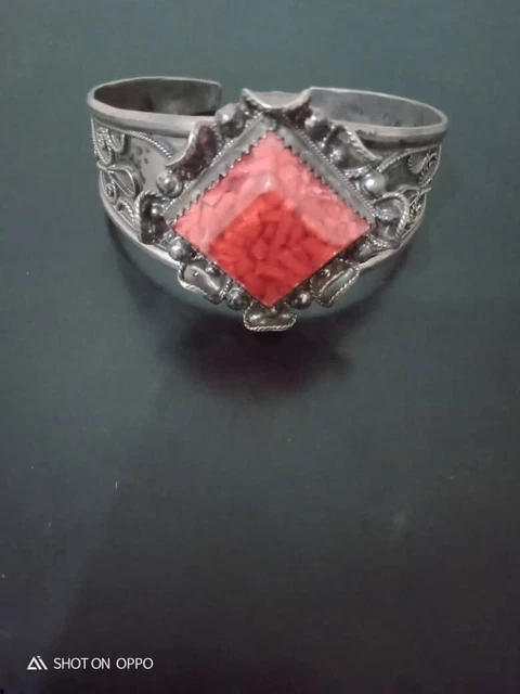 Old Berber Cuff Bracelet handmade in Silver and coral with resin