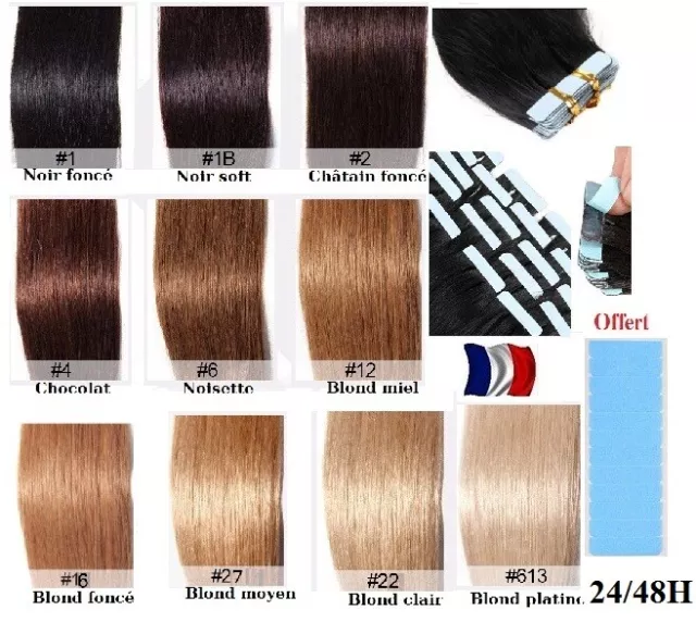 10 20 40 Bandes Extensions Cheveux Tape In Bande Adhesive Naturels Remy 49/60Cm 2