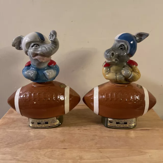 Vtg JIM BEAM 1972 Bourbon Whiskey DECANTER BOTTLE FOOTBALL Rep. vs. Dem. Pair