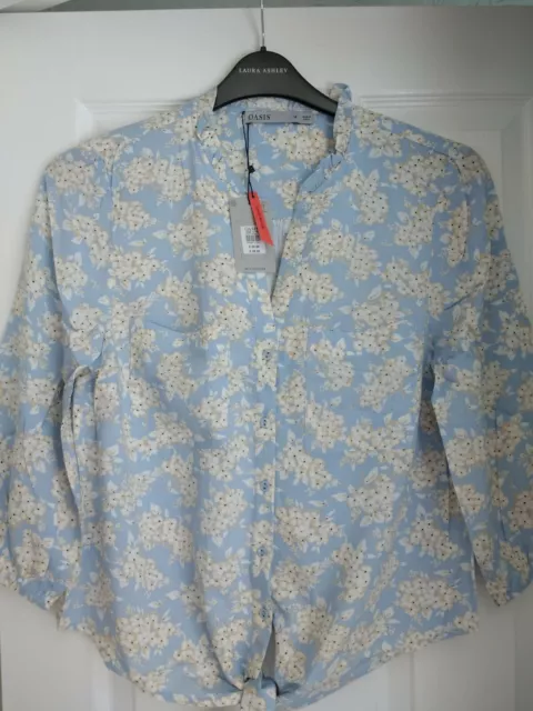 Oasis Pale Blue Floral Tie Hem Ruffle Trim Shirt Blouse Top Uk 14, Eur 40-42 Nwt