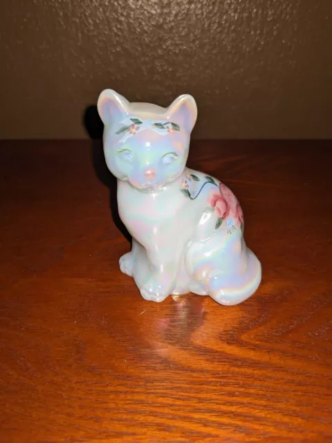 Fenton Glass White Iridescent Cat Heart & Roses Hand Painted Figurine Signed