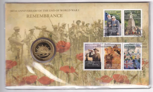 AUSTRALIA PNC COVER: 2008  $1  90th ANNIVERSARY END WORLD WAR I REMEMBRANCE COIN