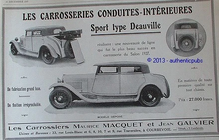 Publicite Carrosserie Maurice Macquet Jean Galvier Sport Deauville De 1927 Ad