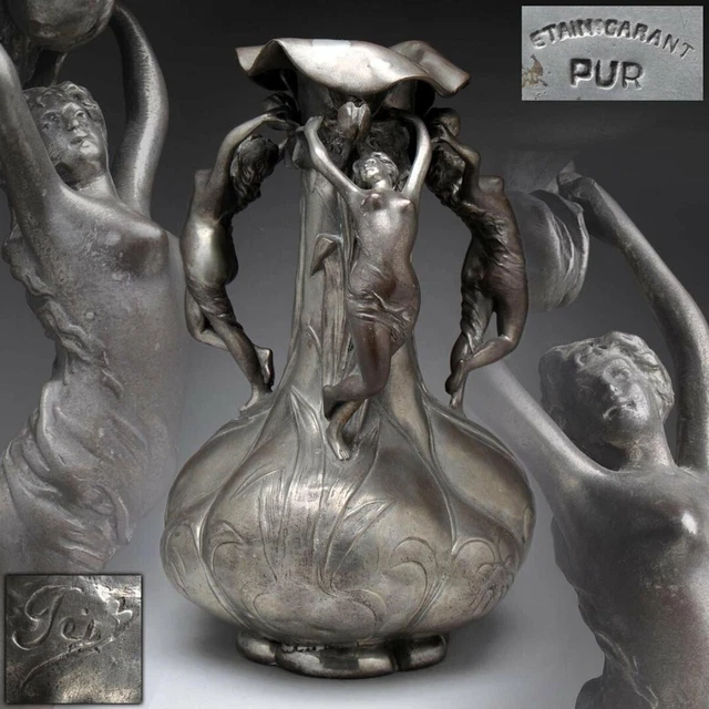 Pelz サイン Etain Garanti Pur ピューター 裸婦 錫花瓶 ANTIQUE ART NOUVEAU Pelz Sign Etain Garanti Pur Pewter Nude