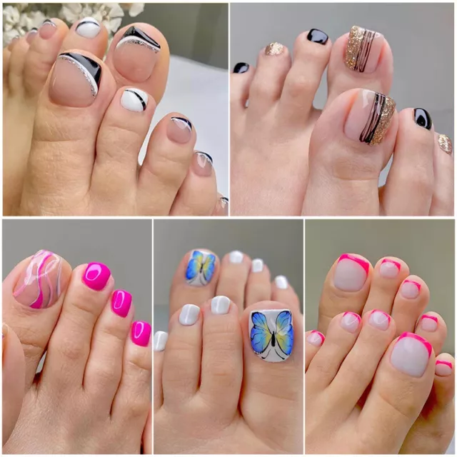 24 piezas prensa en los dedos de los pies uñas postizas línea negra brillo cuadrado funda completa