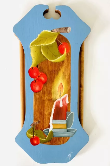 ITALY Vintage 50s Hand Painted Wood Rack Wall Retro Candle Cherry Farmhouse Leaf