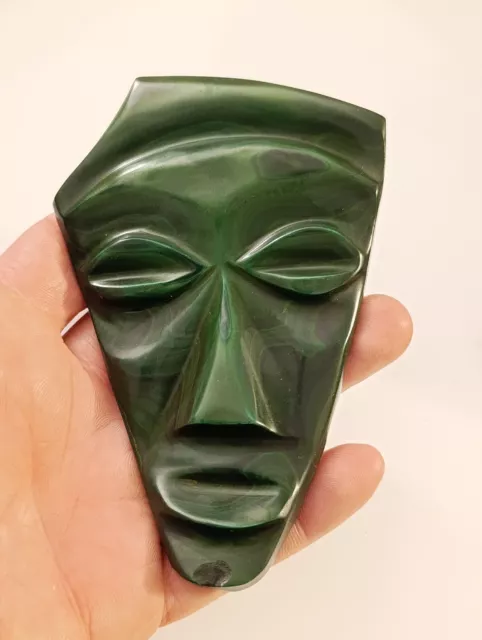 Ancienne Sculpture Visage Pierre Dure Malachite 255,6 g - 12,7 cm