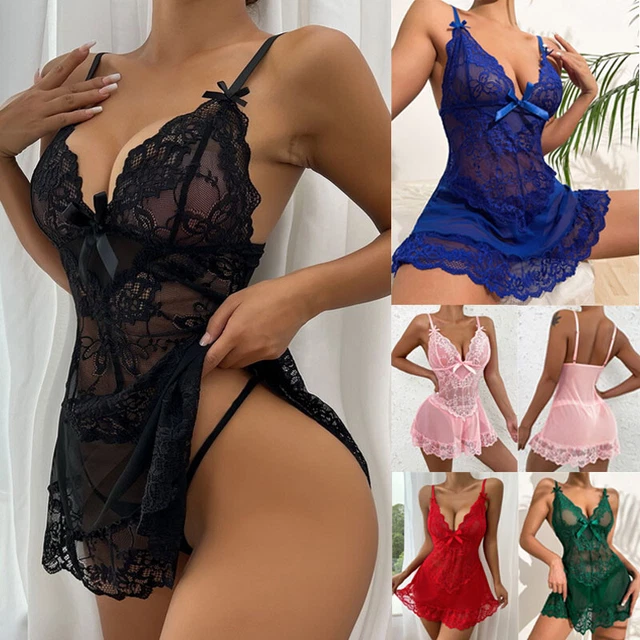 Abito bodycon donna sexy pizzo fiocco scollo a V mini trasparente Clubwe