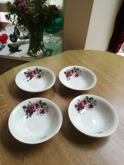 Royal Falcon Ironstone 4 x cereal/dessert bowls 6" flowers & gold 1982 superb