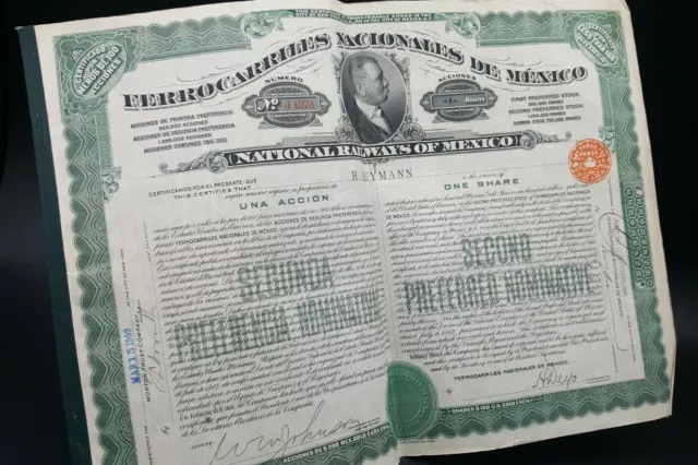 NATIONAL RAILWAYS OF MEXICO One Share 1909 Stock Certificate for framing or prop