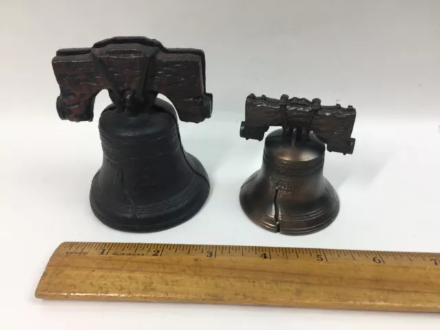 Vintage Miniature Cast Liberty Bell LOT Solid Paperweight & Brass Working Bell