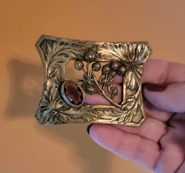 Antique Victorian Art Nouveau Sash Pin Brooch Purple Glass Brass FLORAL