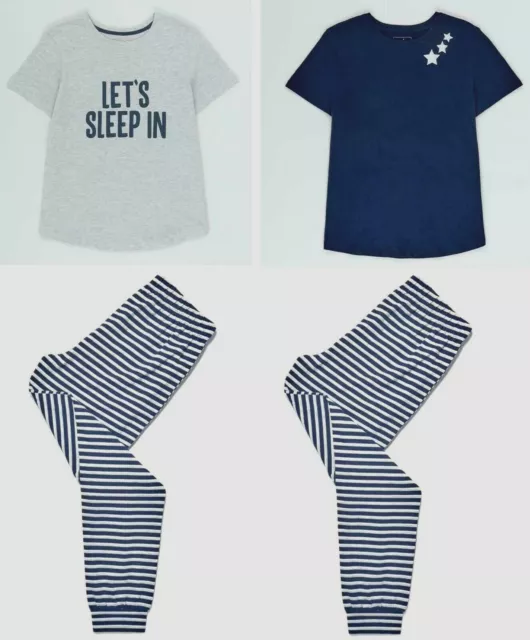 Matalan Short Sleeved Pyjamas Set Pure Cotton Navy Striped Cuffed Bottoms Ladies