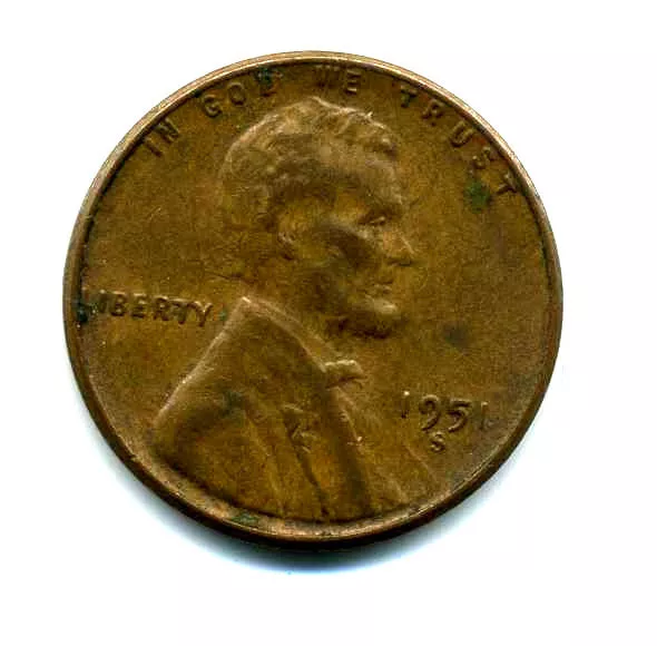 Lincoln Head Wheat Cent 1951 S COPPER Circulated United States 1 Penny Coin#8287