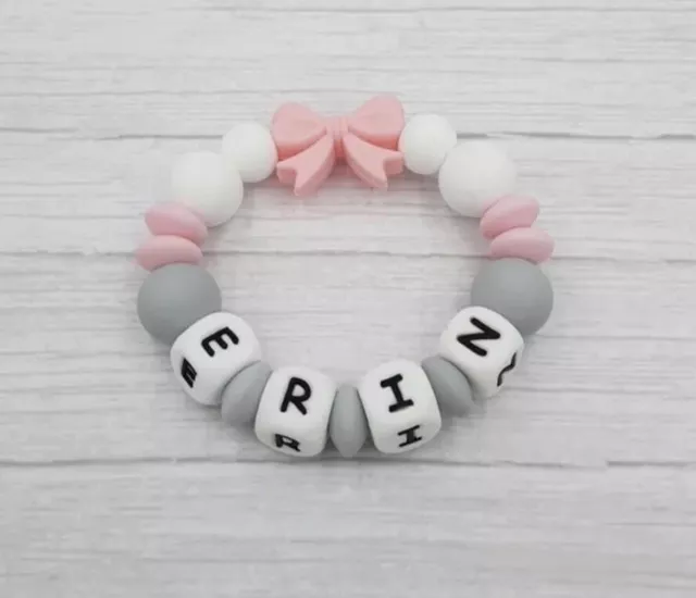 Personalised Name Teething Silicone Baby rattle Ring Chewable Teether Baby Pink