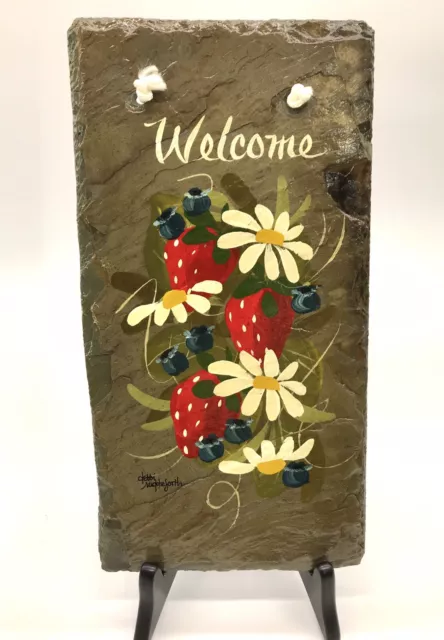 Vtg Welcome Hand Painted Slate Strawberries Daisies Wall Plaque Cottage Signed