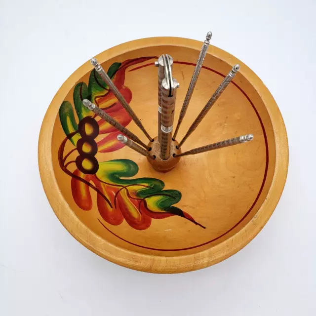 Wood Wooden Nut Bowl NUT CRACKER Set 6 Picks Painted Leaves Acorns Vintage