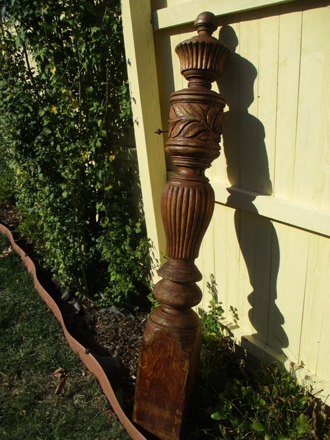 Antique Newel Post Victorian Hand Carved Leaves & Shell Solid Oak 60" Tall 2