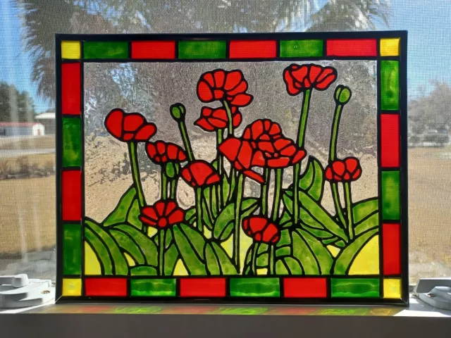 Red Poppies Stained Glass Window Panel Hand Painted