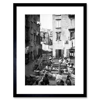 Street Laundry Naples Italy 1895 Vintage Old BW Framed Wall Art Print
