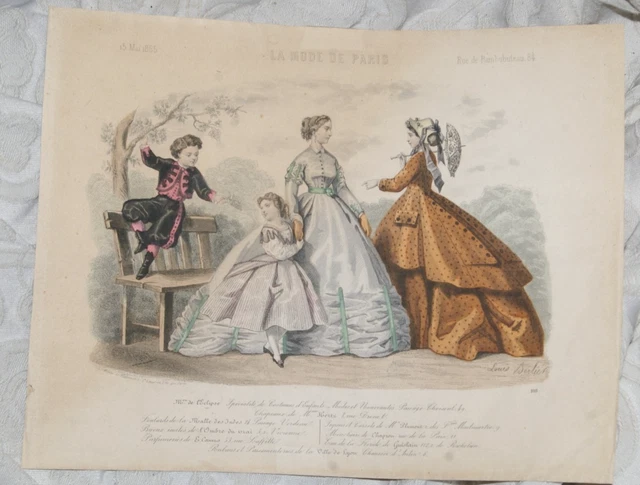 Gravure de mode ancienne 1869 chapeaux pour petits enfants issue de