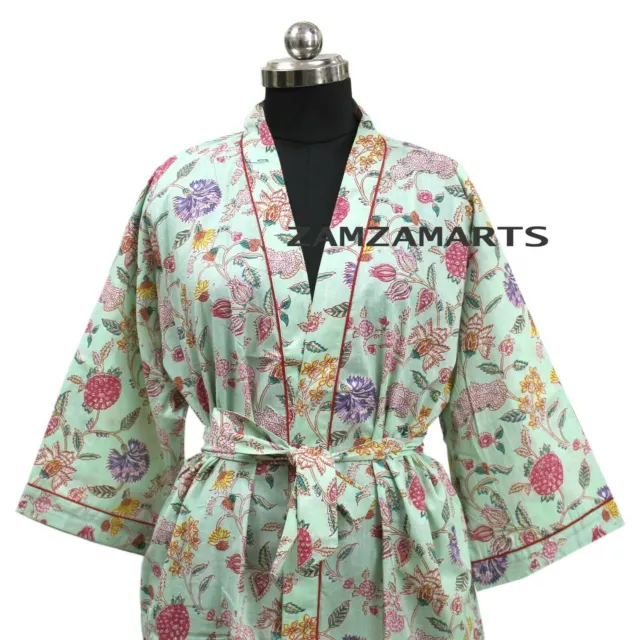 Indian Spring Green Floral Printed Women Cotton Long Bath Robe Handmade Kimono