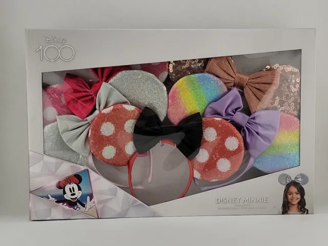 New Disney Minnie Mouse Ears 5 pc Box Set  Polka Dot Sequin Bow Rainbow