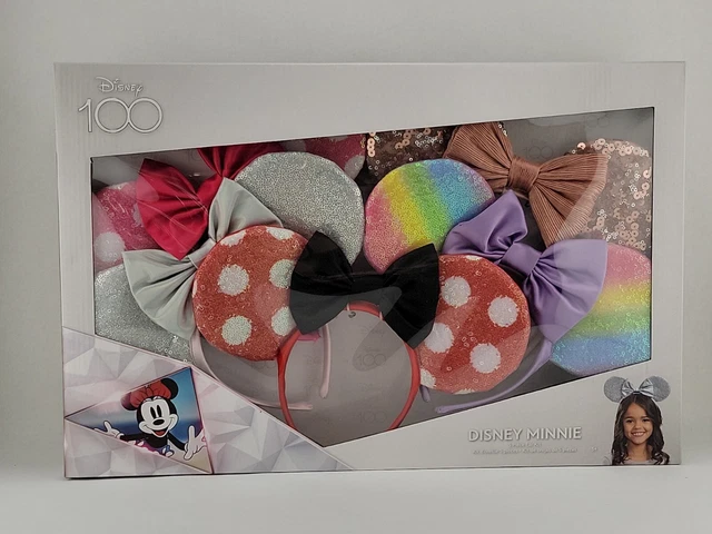 New Disney Minnie Mouse Ears 5 pc Box Set  Polka Dot Sequin Bow Rainbow