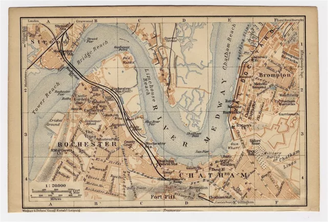 1906 Antique City Map Of Rochester / Chatham / Medway / England