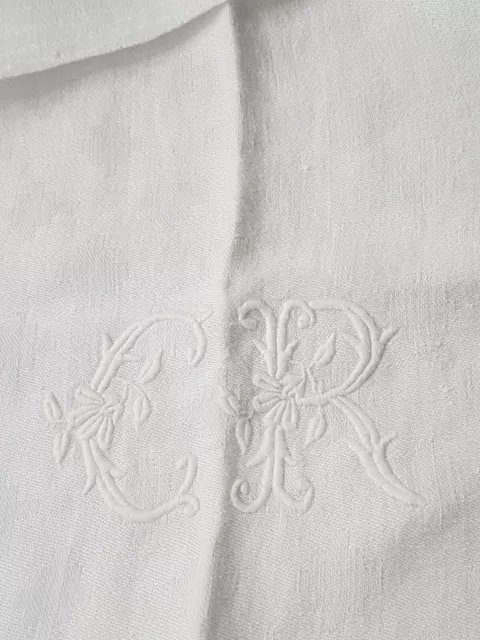 Antique French White Damask Embroidered Monogram Table Topper/European Bed Sham 3