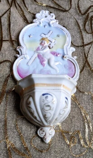 Ancien Benitier Ange Putto Cherubin Portant La Croix Antique Stoup Angel