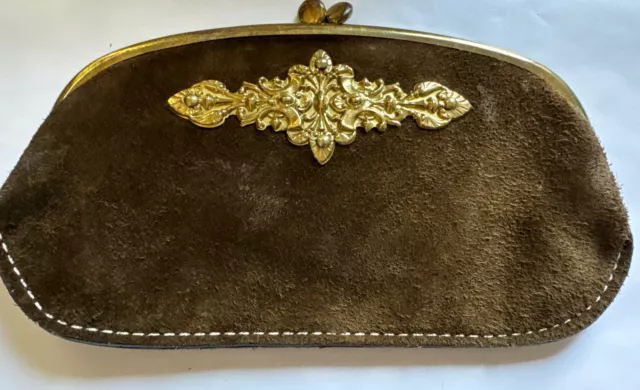 Vintage Roger Van S Brown Suede Clutch Purse Brass Hardware And Adornment