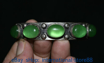 3.2" Old Chinese Silver inlay Green Jade Gem Dynasty Palace Jewelry Bracelet