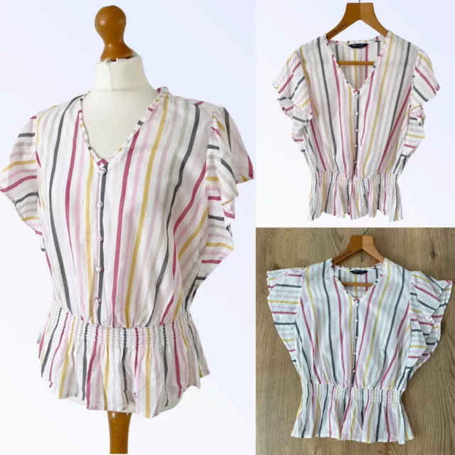 Camicia a righe collezione M&S UK 14 bianco corallo rosa multi peplum estate